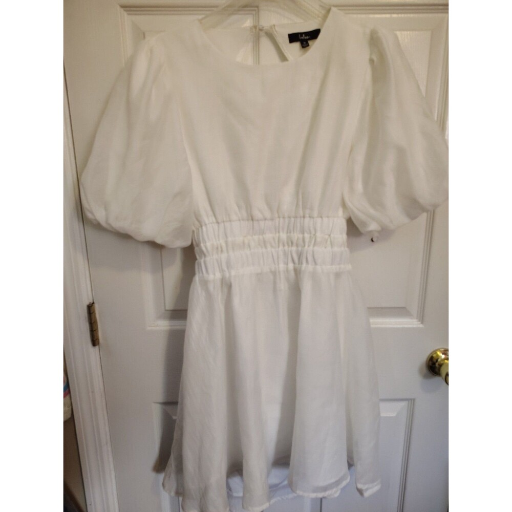Lulus Women's M White Solid V-Neck Puff Sleeve Smocked Tie Back Mini Dress
